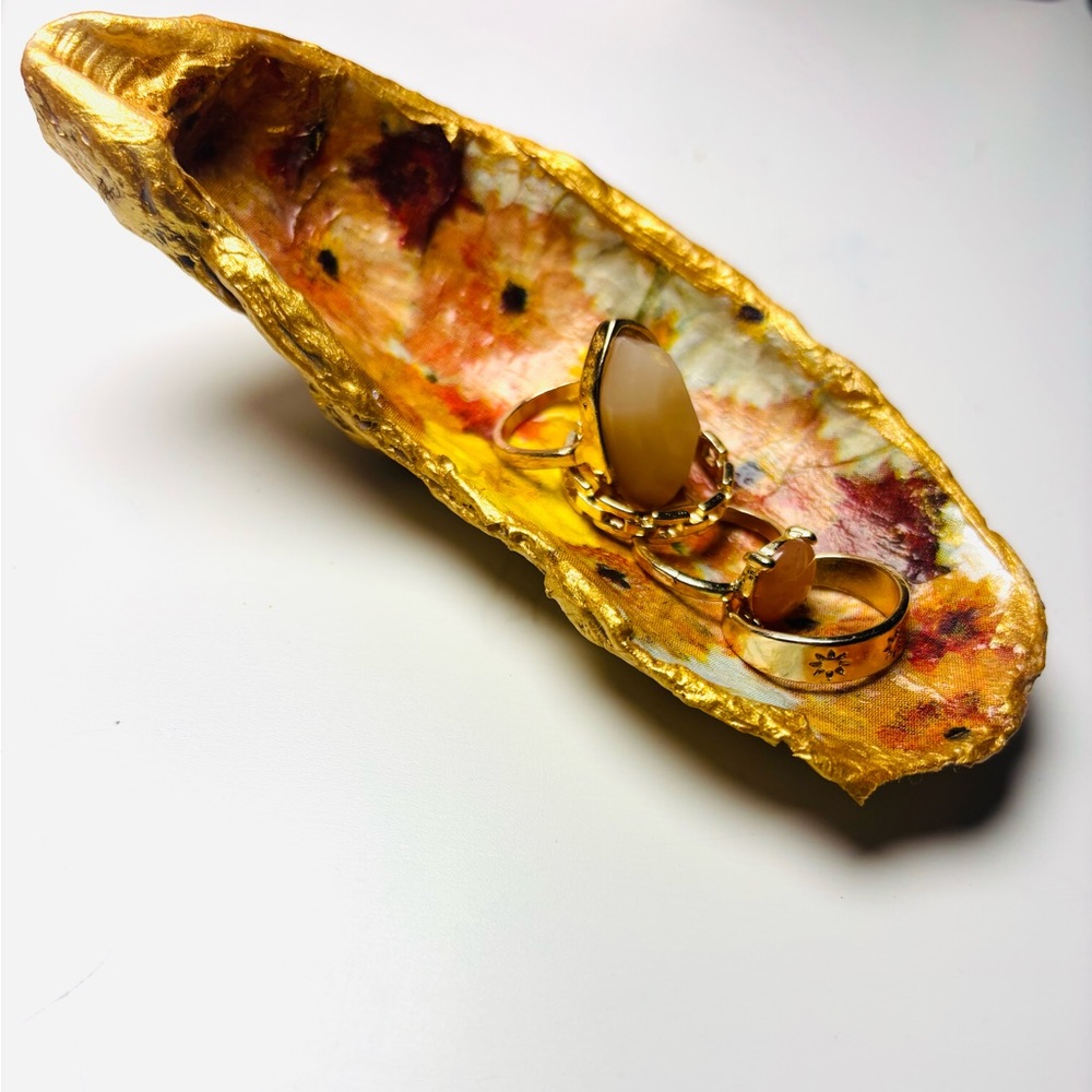 Handcrafted Oyster Shell Ring Dish W/ Autumnal Floral Decoupage Design